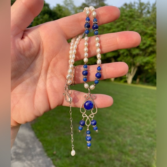 *SOLD*Sterling Silver Lapis Lazuli Pearl Necklace w/ Gold Pyrite Flakes - Picture 8 of 8